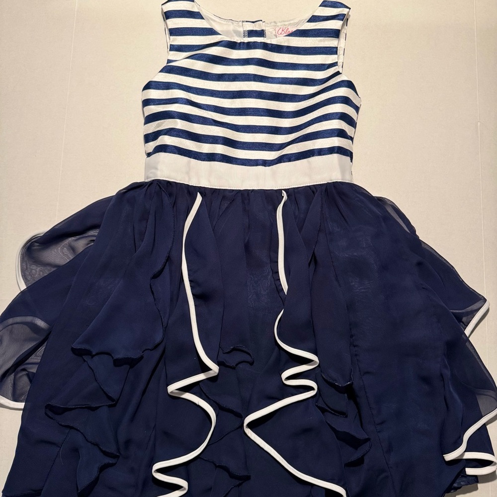 Bloome De Jeune Fille Girl's Size 12 White Navy Striped Ruffled Dressy Frilly